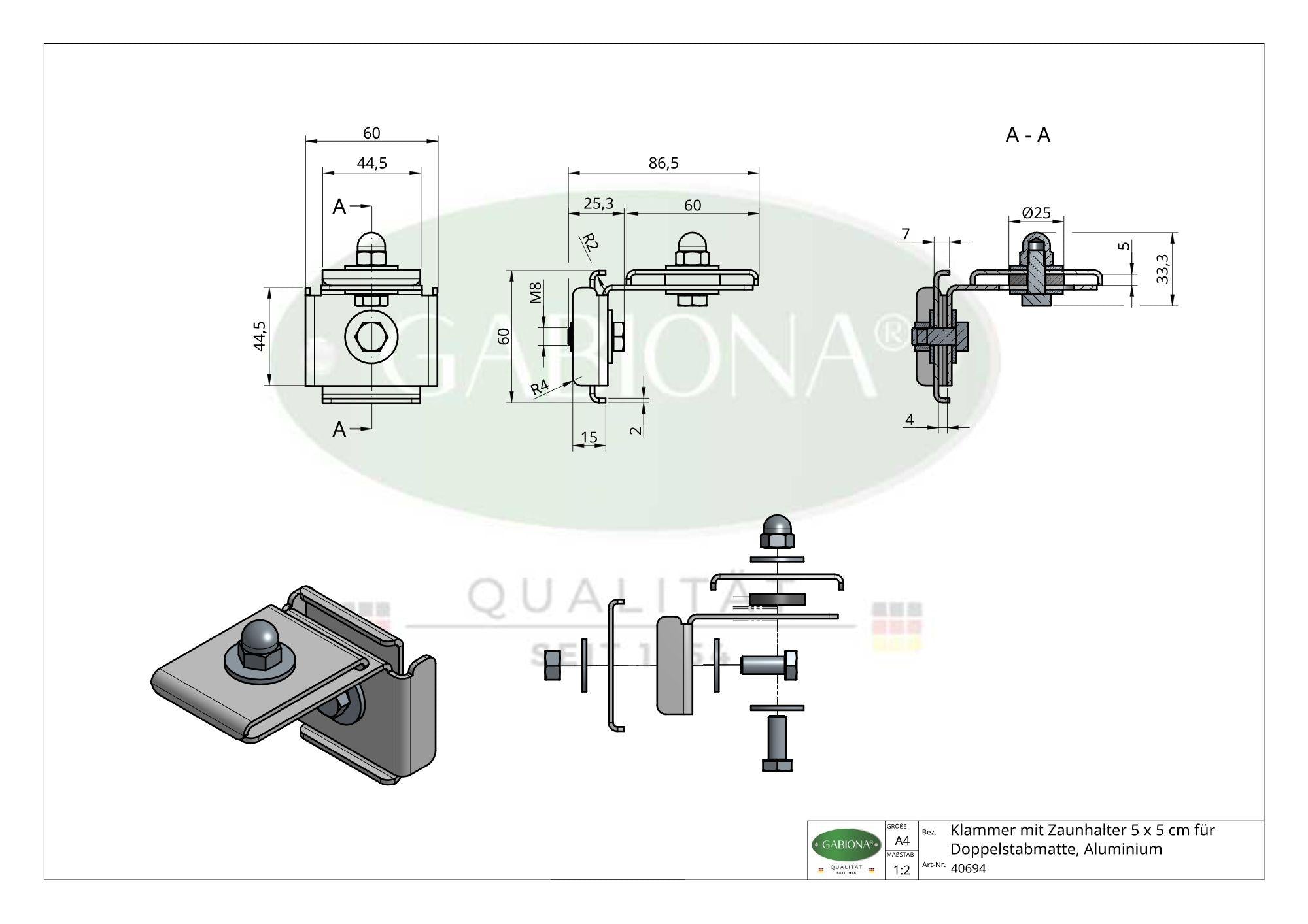 Abrazadera con soporte de valla 5 x 5 cm para tela metálica doble, aluminio