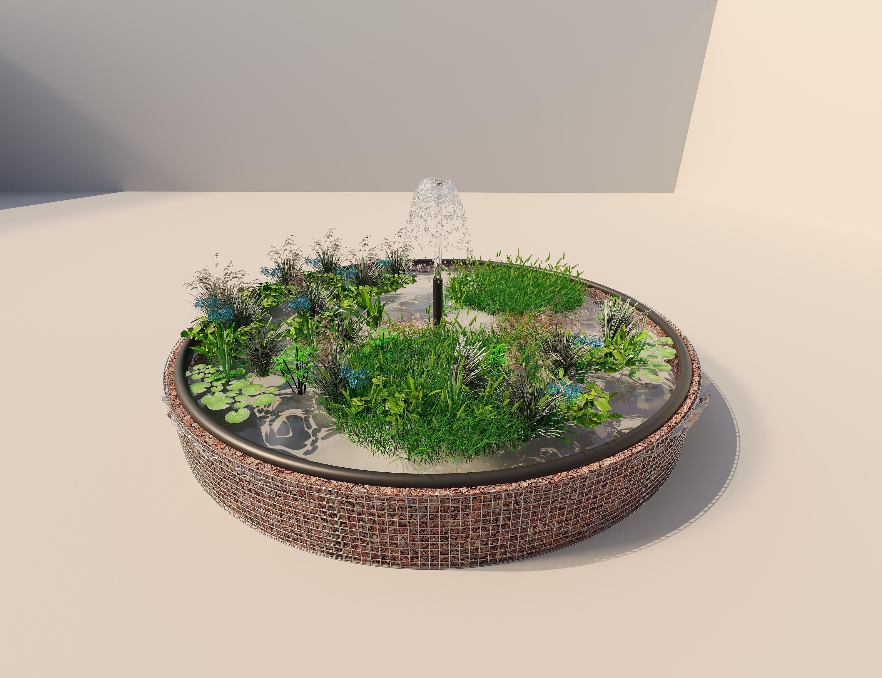 Laghetto rialzato in gabbioni, rotondo, diametro esterno 472 cm, altezza 50 cm, maglia 5 x 5 cm, spessore parete 15 cm