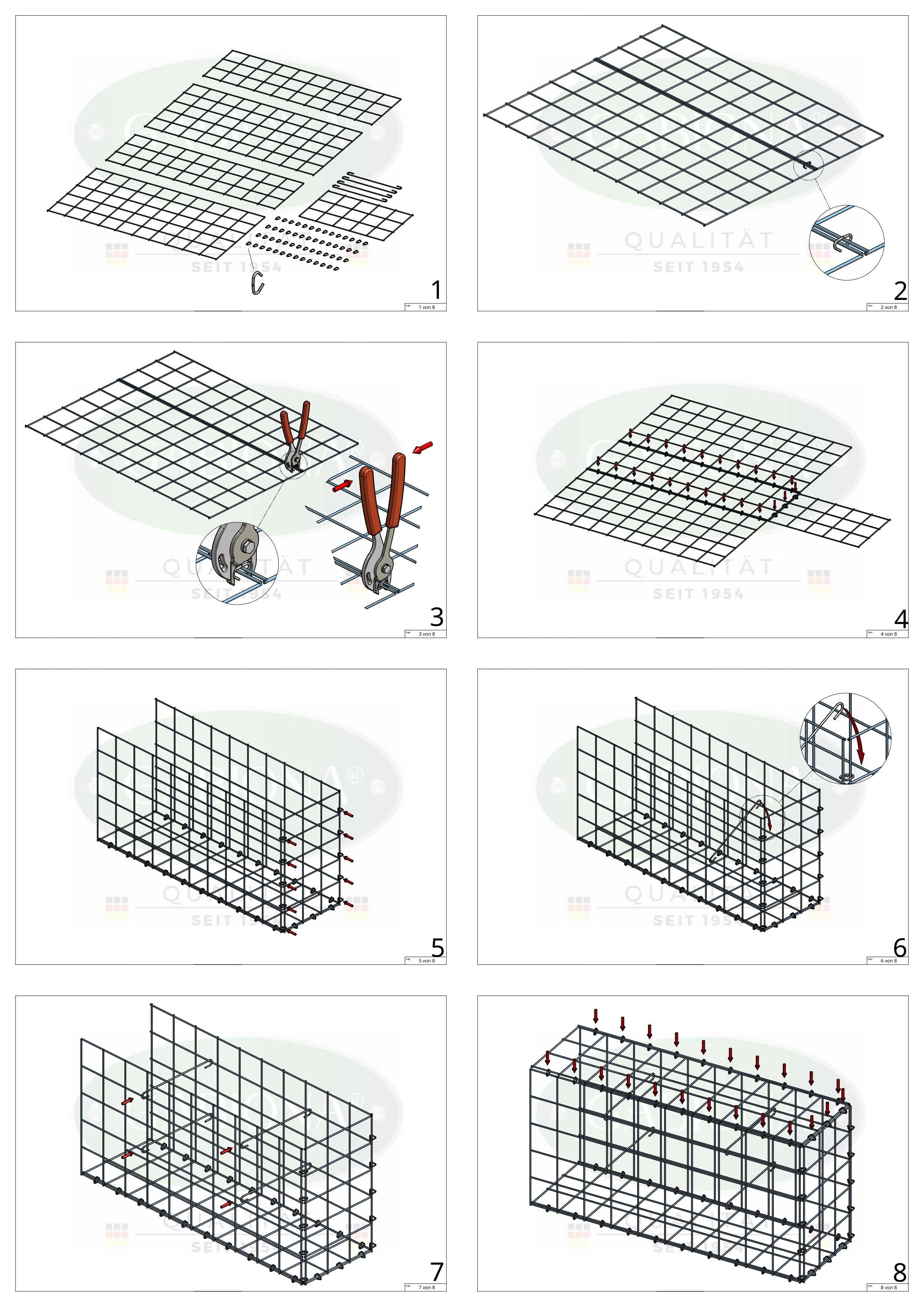 Mounted gabion type 2 100 cm x 80 cm x 50 cm (L x H x D), mesh size 10 cm x 10 cm, C-ring