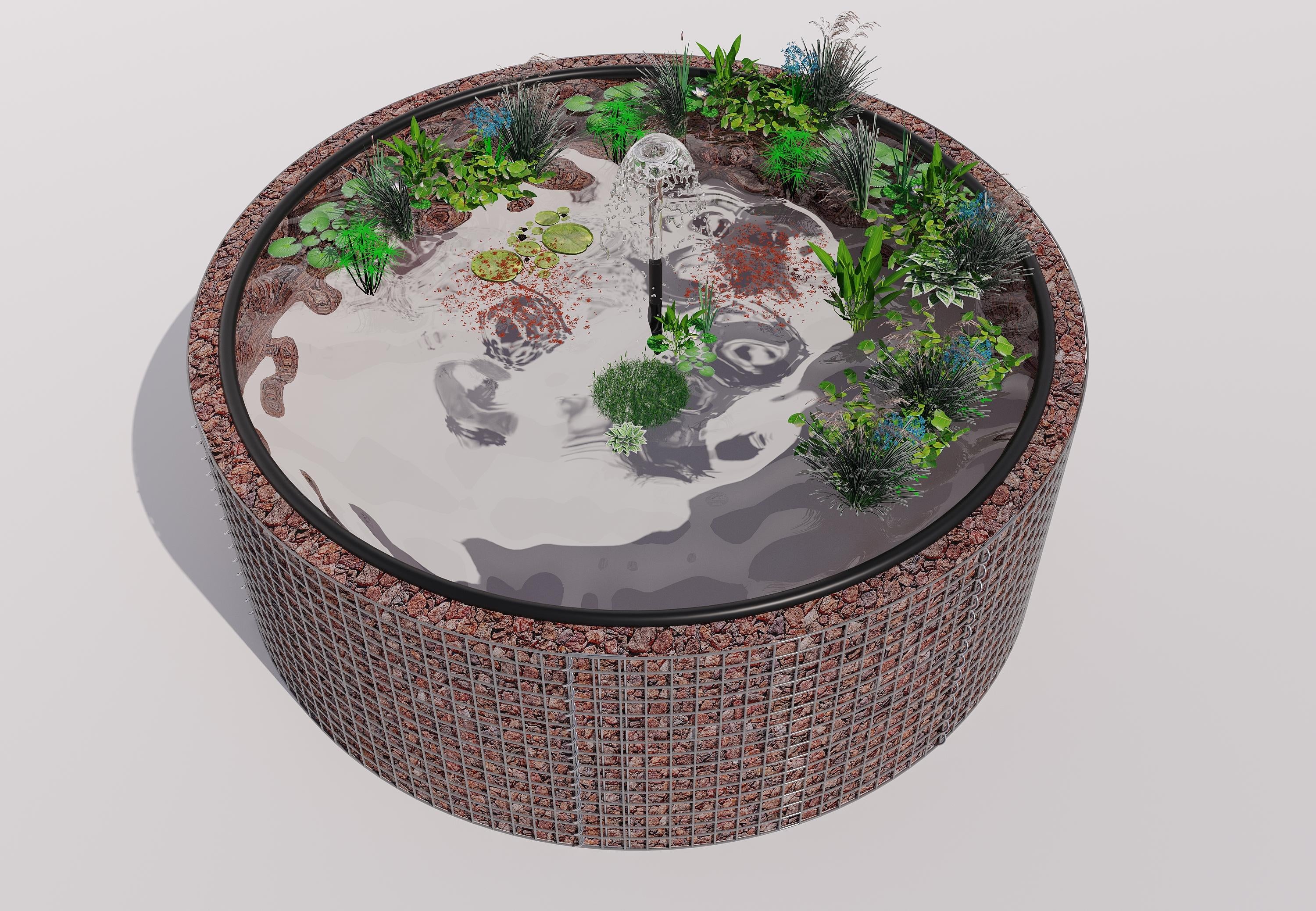 Gabionupphöjd damm, rund, ytterdiameter 232 cm, höjd 80 cm, maskstorlek 5 x 5 cm, väggtjocklek 15 cm