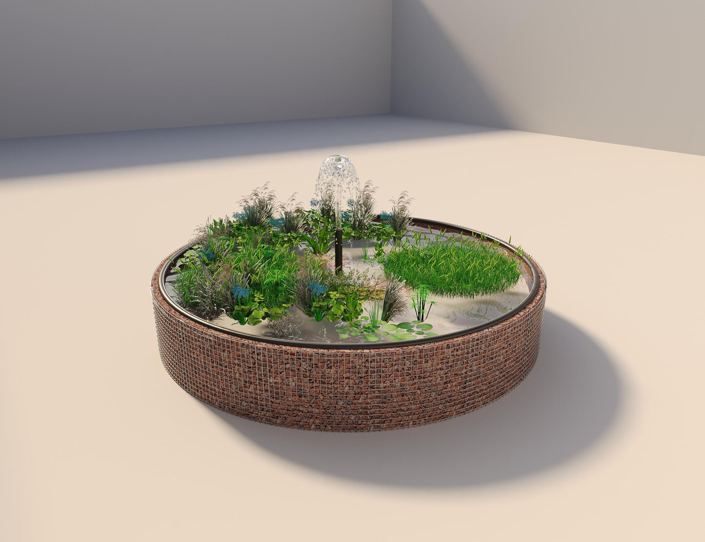 Gabião para lago elevado redondo, diâmetro exterior 472 cm, altura 80 cm, dimensão da malha 5 x 5 cm, espessura da parede 15 cm