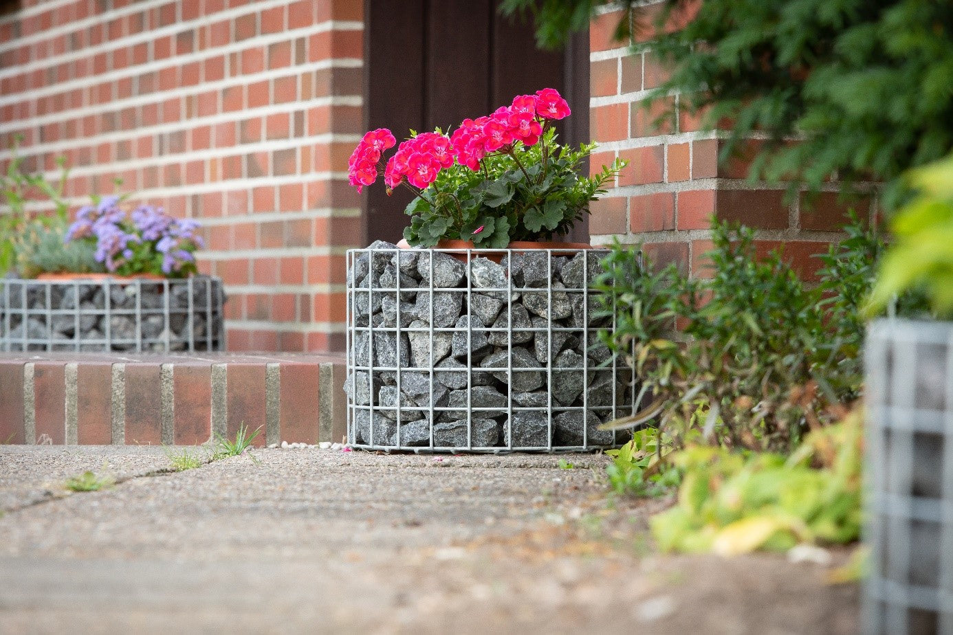 Gabionenbank aus Blumensäulen: Gartenmöbel für Pflanzenfreunde