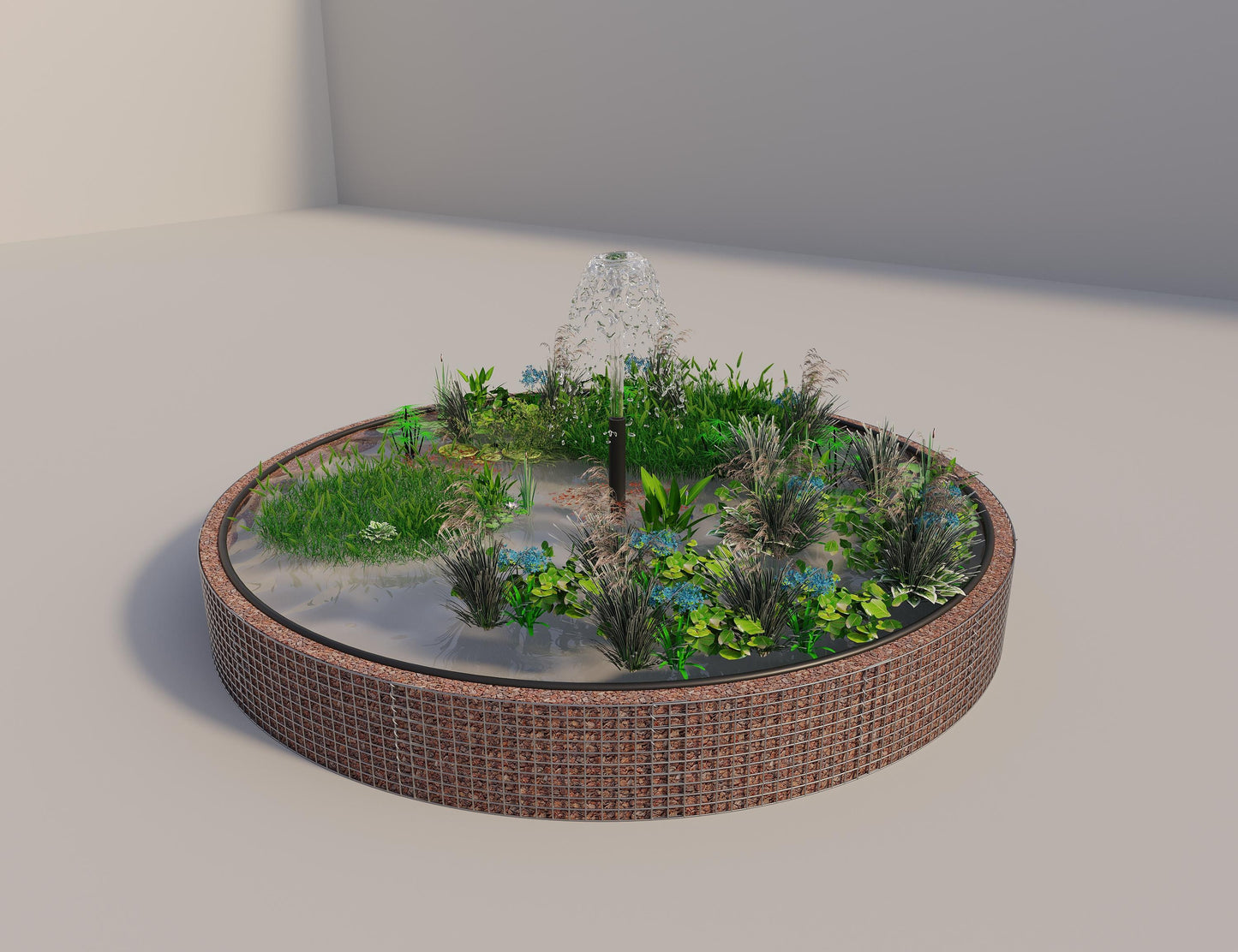 Gabião para lago elevado redondo, diâmetro exterior 412 cm, altura 50 cm, dimensão da malha 5 x 5 cm, espessura da parede 15 cm