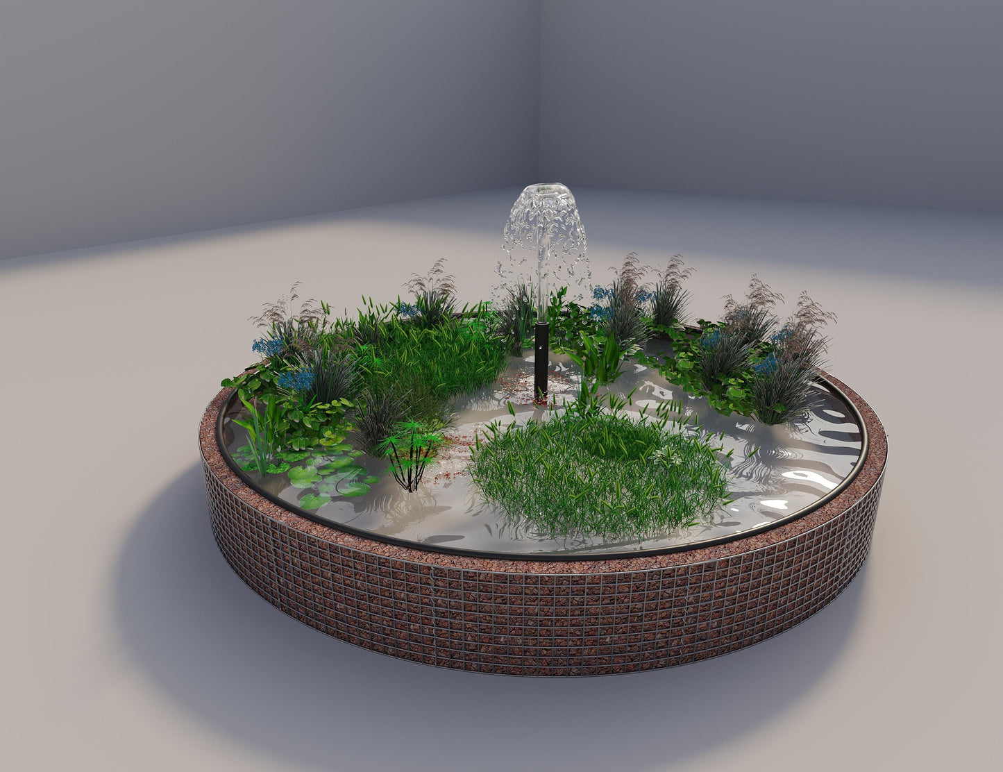 Gabião para lago elevado redondo, diâmetro exterior 412 cm, altura 50 cm, dimensão da malha 5 x 5 cm, espessura da parede 15 cm