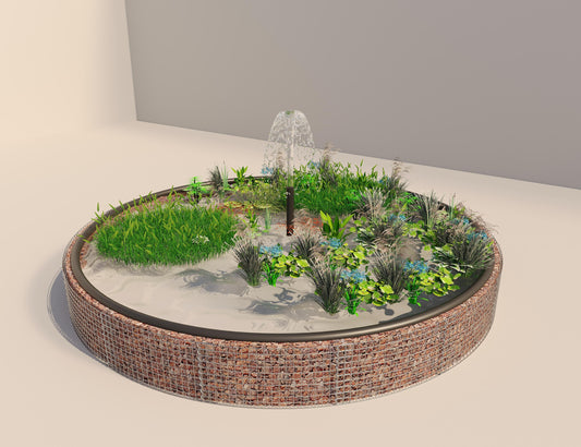 Laghetto rialzato in gabbioni, rotondo, diametro esterno 472 cm, altezza 50 cm, maglia 5 x 5 cm, spessore parete 15 cm