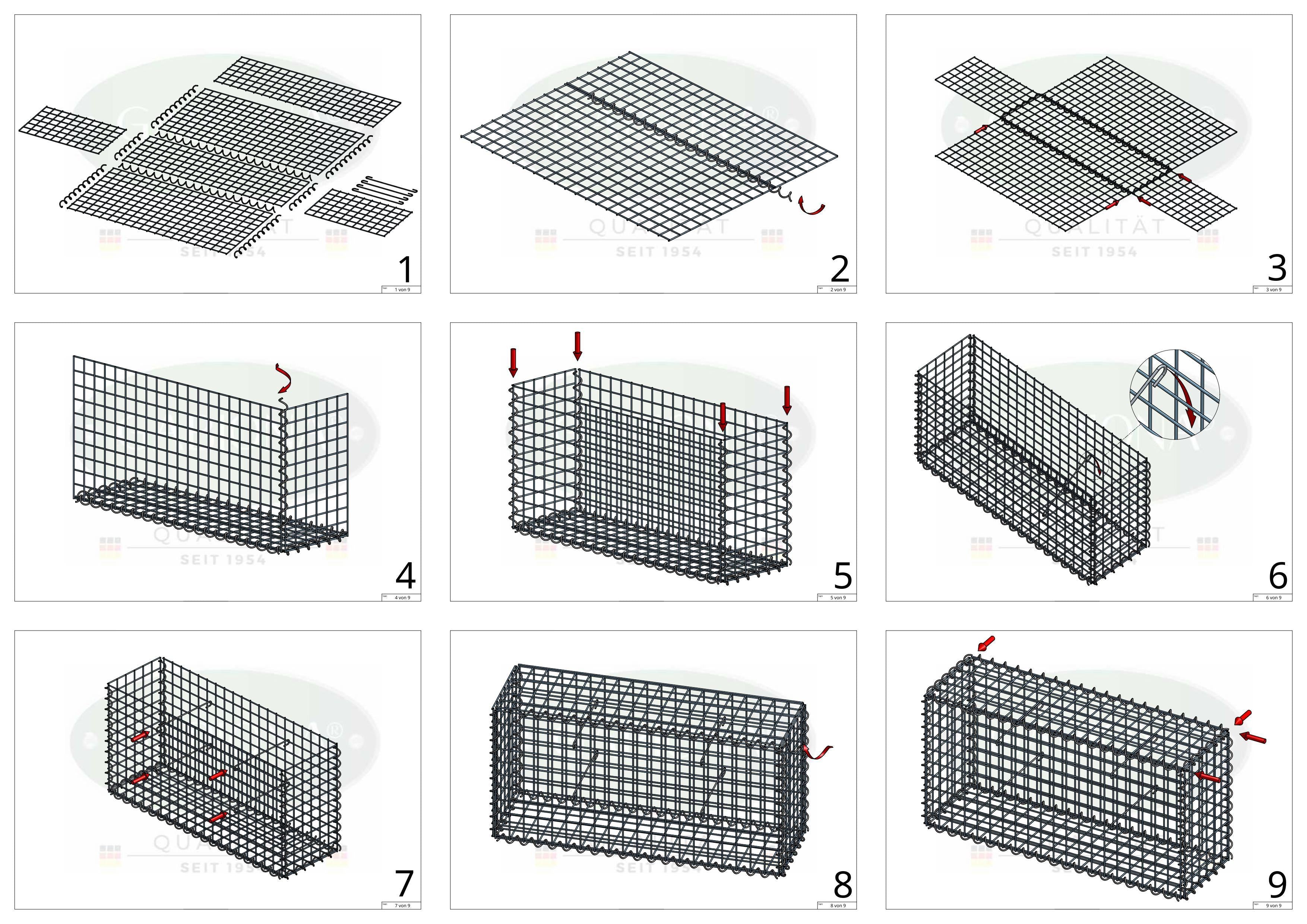 Schanskorf 100 cm x 100 cm x 50 cm (L x H x D), maaswijdte 5 cm x 5 cm, spiraalvormig