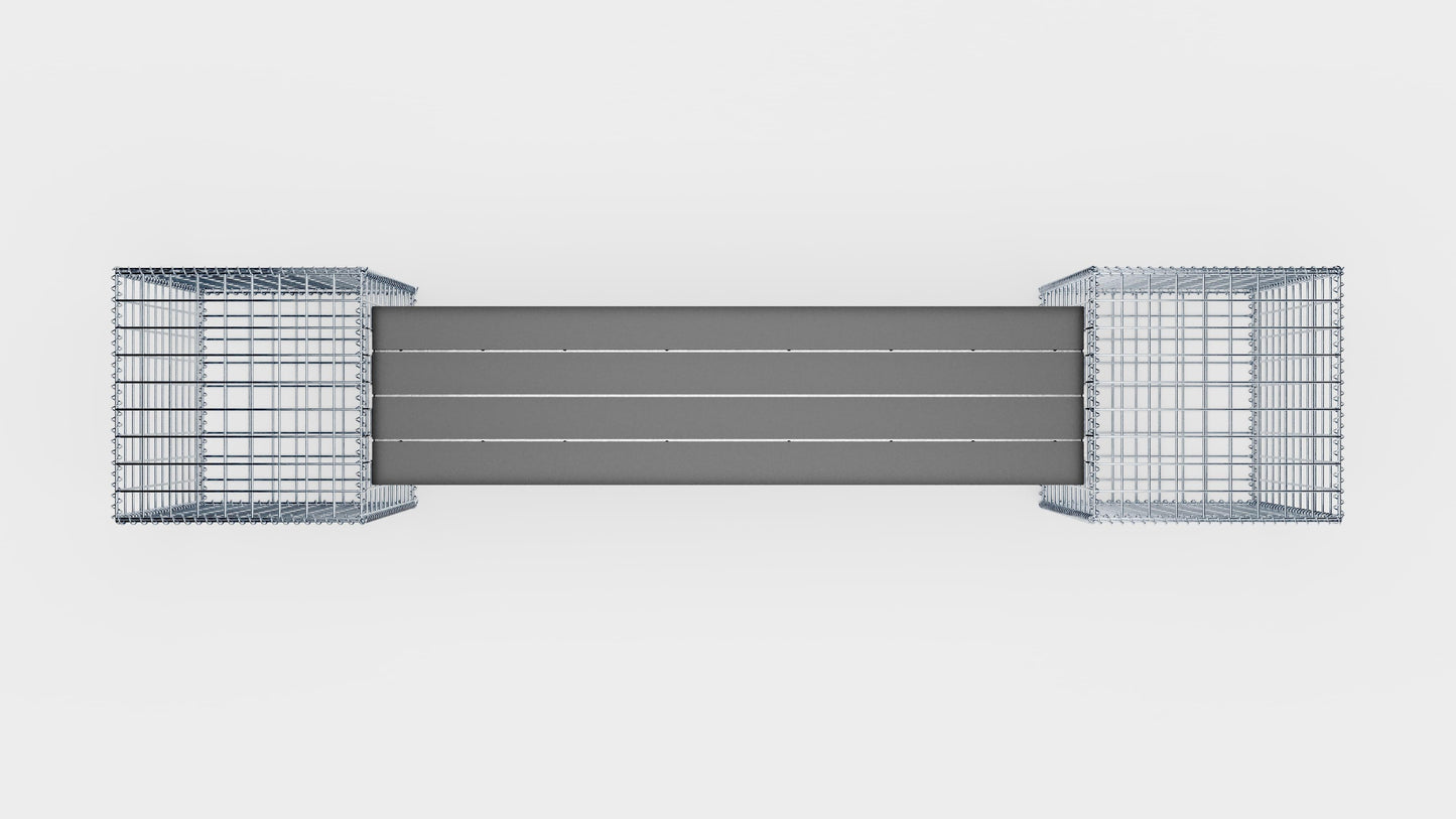 Gabionbänk med 2 spiralgabioner, 205 cm långa x 60 cm höga x 40 cm djupa, galvaniserade, MW 5 x 5 cm, med återvunnen topp i antracit