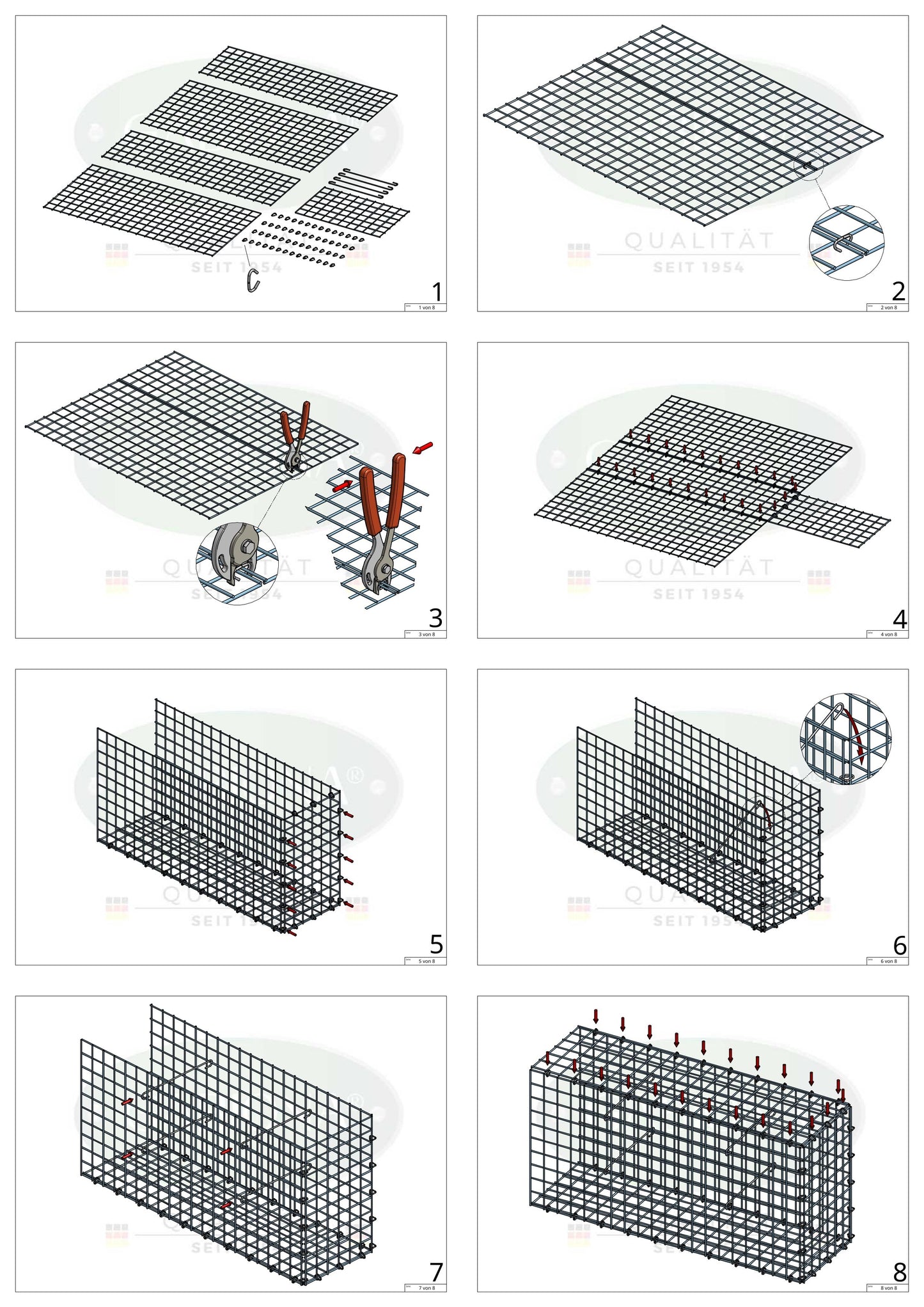 Fästbar gabion typ 2 100 cm x 100 cm x 40 cm (L x H x D), maskstorlek 5 cm x 5 cm, C-ring