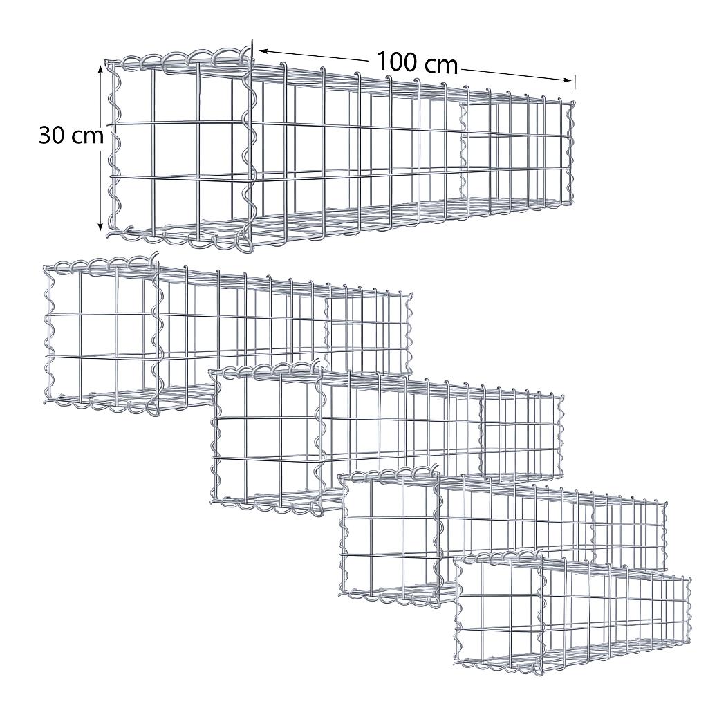 Set of 5 gabions 100 x 30 x 30 cm (L x H x D), mesh size 10 x 10 cm, spiral closure, wire thickness 4.5 mm