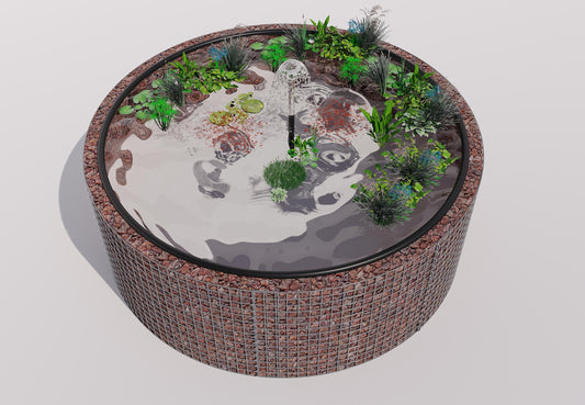 Laghetto rialzato in gabbioni, rotondo, diametro esterno 232 cm, altezza 80 cm, maglia 5 x 5 cm, spessore parete 15 cm