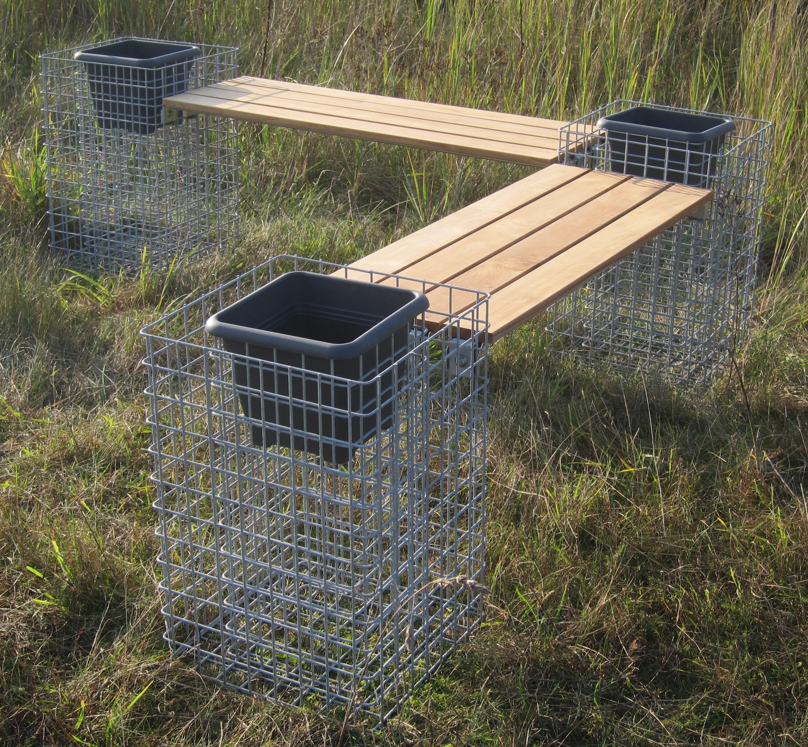 Gabion bench with 3 flower columns - teak, 205 cm long x 60 cm high x 37 cm deep, hot-dip galvanized, MW 5 x 5 cm