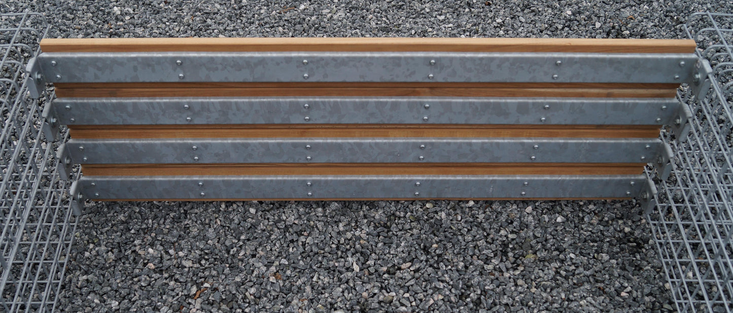 Banco de jardim com 2 gabiões - madeira de Cumaru, 200 cm de comprimento x 60 cm de altura x 37 cm de profundidade, galvanizado, MW 5 x 5 cm