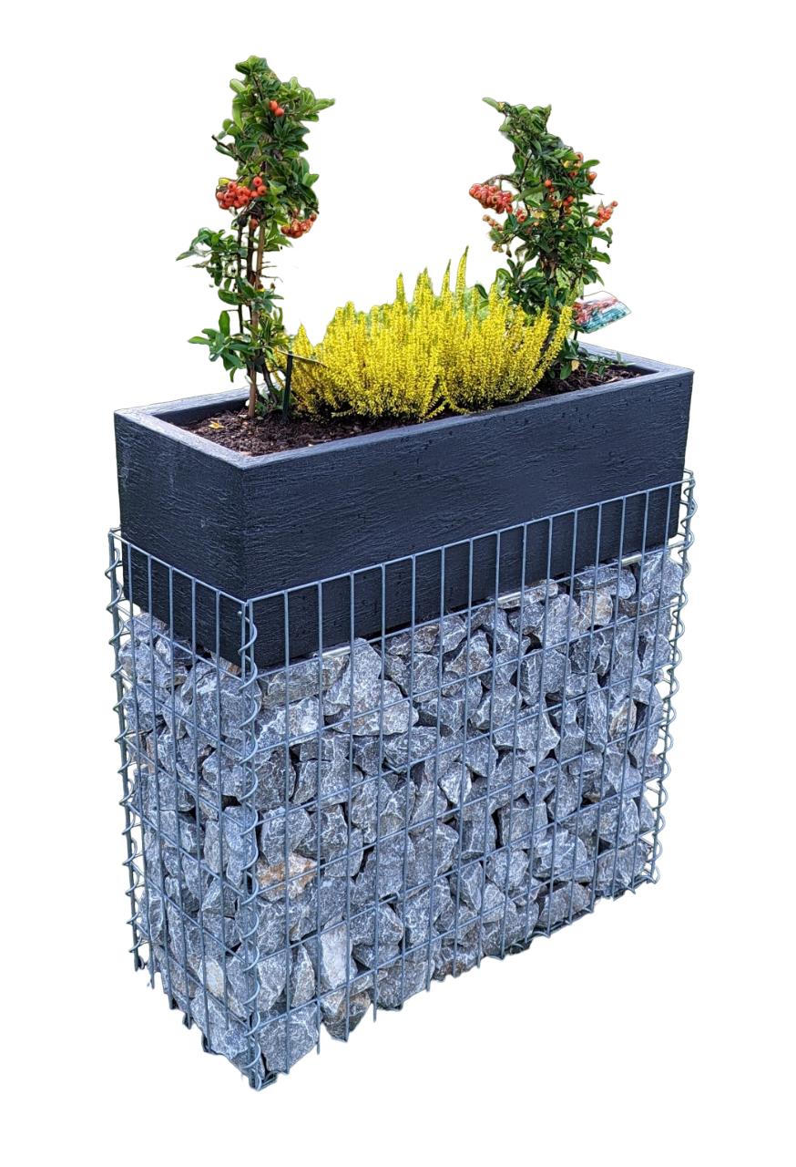 Gabion med blomsterskål 80 cm x 46 cm x 30 cm (L x H x D), maskestørrelse 5 x 10 cm, spiral