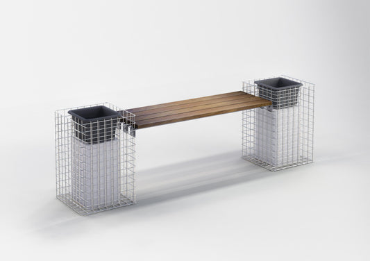 Garden bench with 2 flower columns - Cumaru wood, 200 cm long x 62 cm high x 37 cm deep, hot-dip galvanized, MW 5 x 5 cm