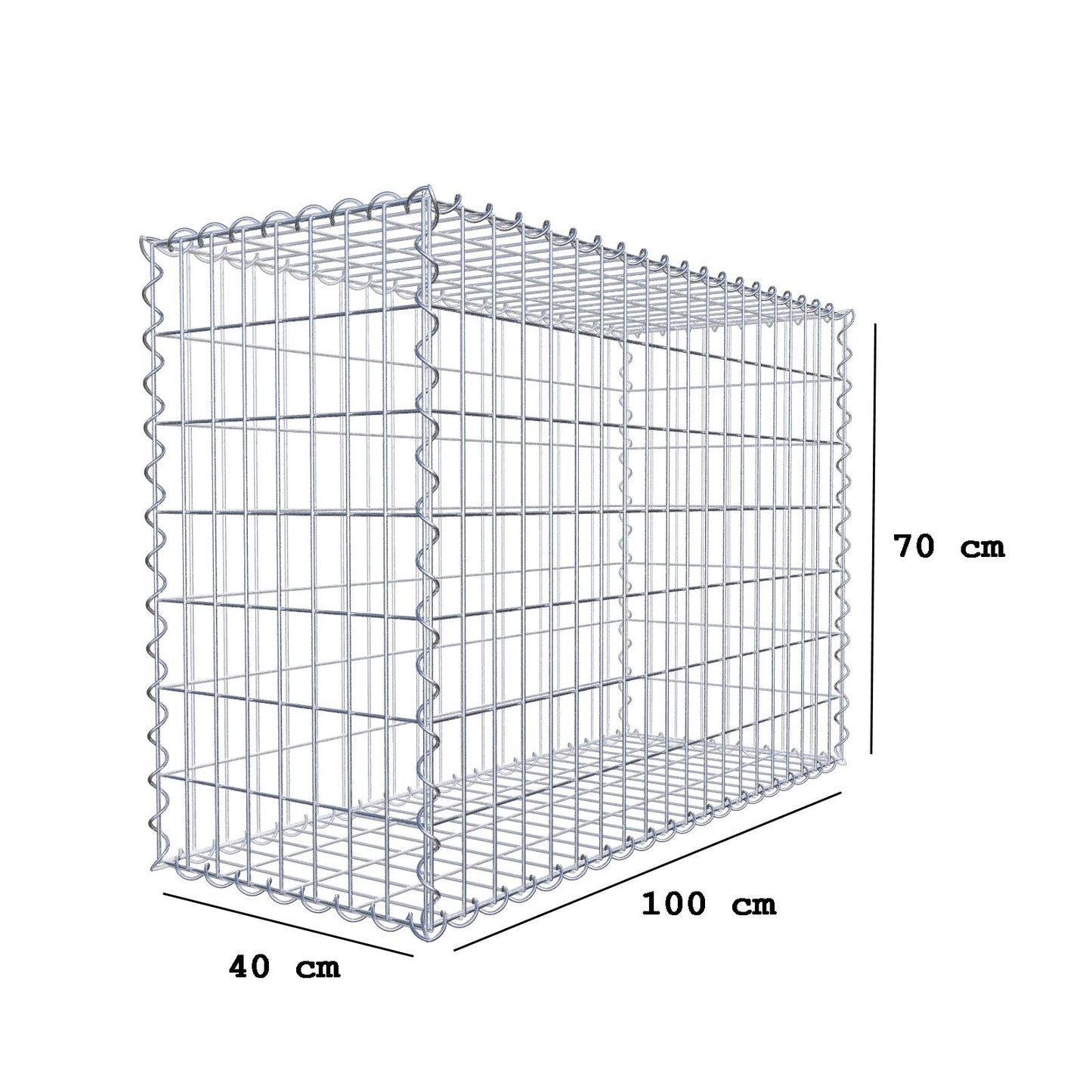 Gabião 100 cm x 70 cm x 40 cm (C x A x P), malhagem 5 cm x 10 cm, espiral