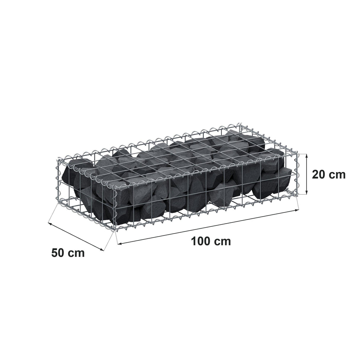 Gabion 100 cm x 20 cm x 50 cm (L x H x D), maskestørrelse 10 cm x 10 cm, spiral