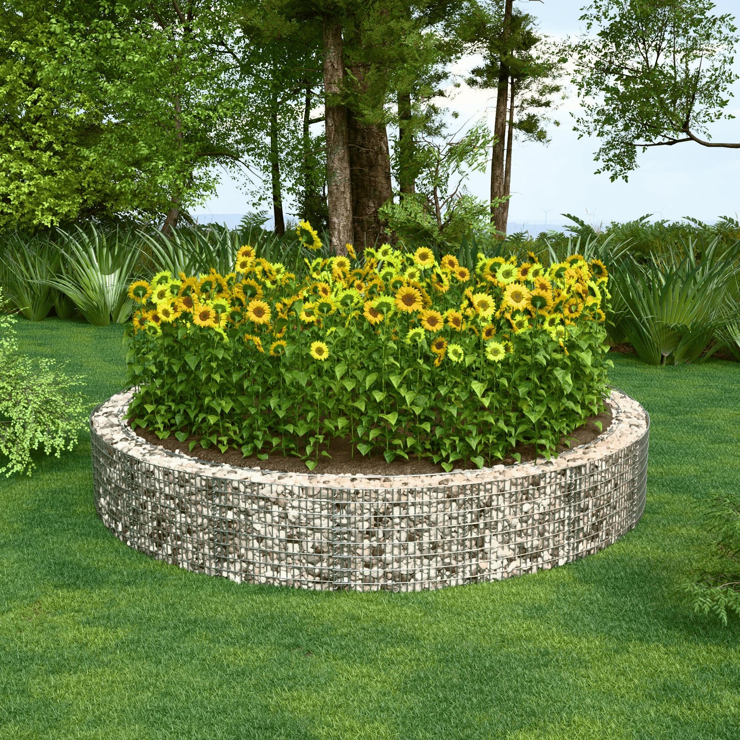 Lit surélevé rond, diamètre extérieur 502 cm, hauteur 50 cm, mailles 5 x 10 cm, épaisseur des parois 15 cm