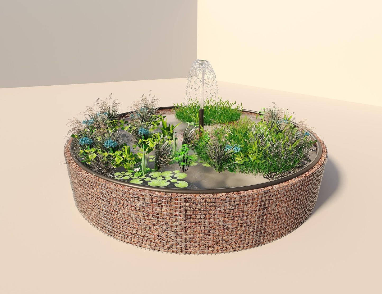 Gabião para lago elevado redondo, diâmetro exterior 472 cm, altura 80 cm, dimensão da malha 5 x 5 cm, espessura da parede 15 cm