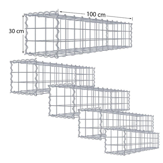 5er Set Gabionen 100 x 30 x 30 cm (L x H x T), Maschenweite 10 x 10 cm, Spiralverschluss, Drahtstärke 4,5 mm