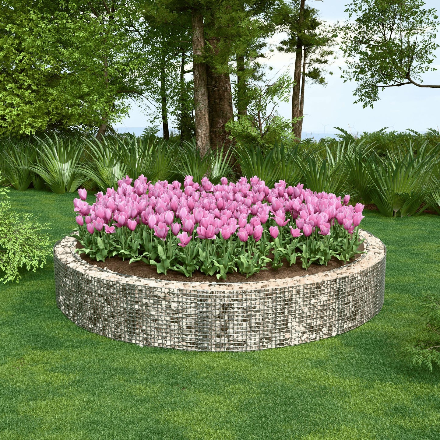 Rond verhoogd bed, buitendiameter 292 cm, hoogte 80 cm, maaswijdte 5 x 10 cm, wanddikte 15 cm