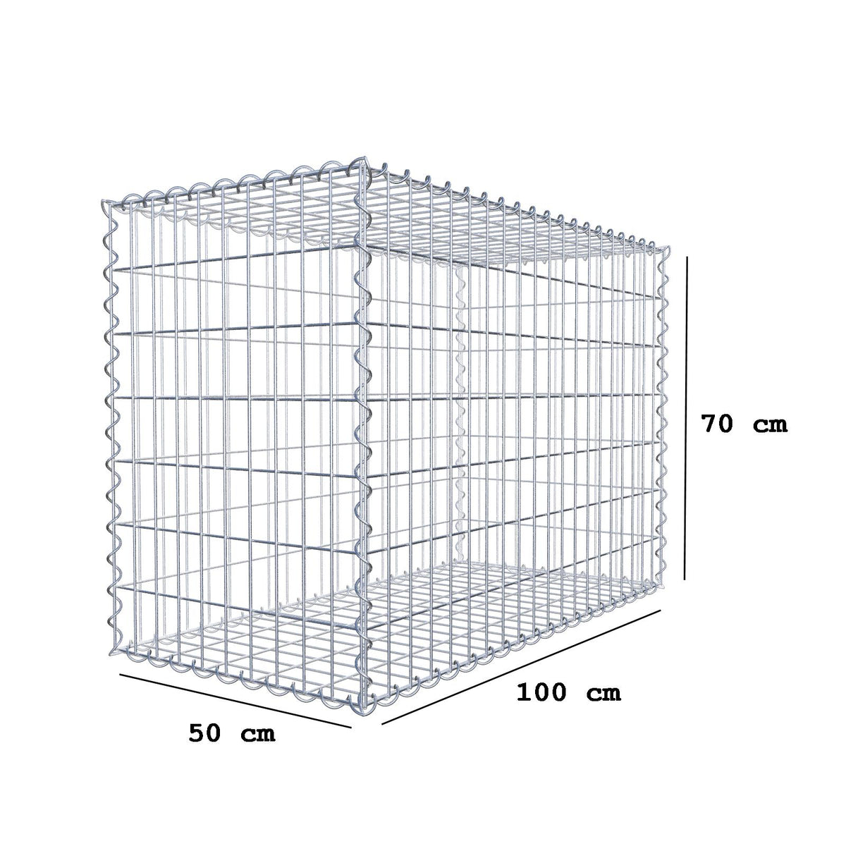 Gabião 100 cm x 70 cm x 50 cm (C x A x P), malhagem 5 cm x 10 cm, espiral