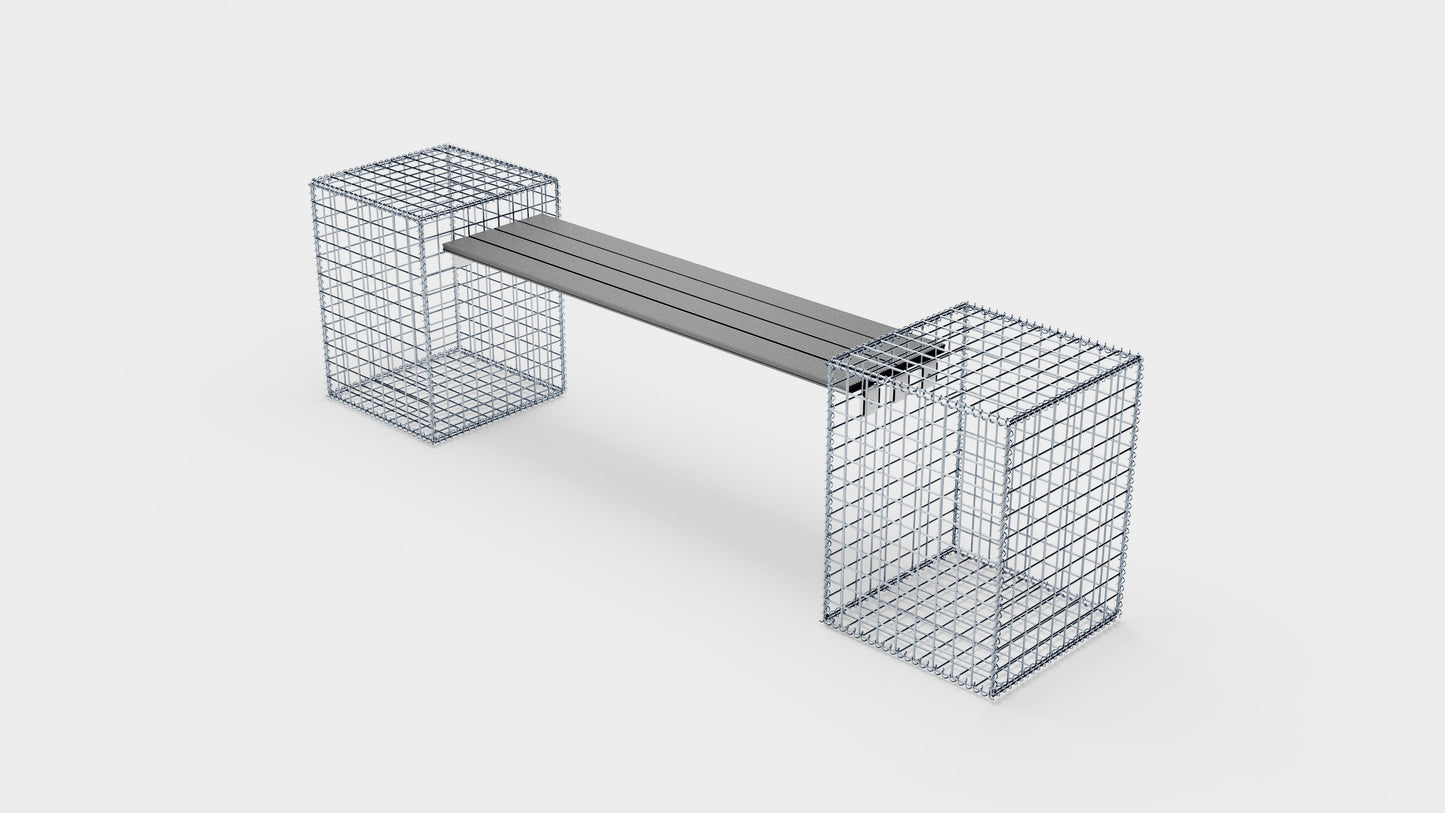 Gabion bench with 2 spiral gabions, 205 cm long x 60 cm high x 40 cm deep, galvanized, MW 5 x 5 cm, with recycled top in anthracite