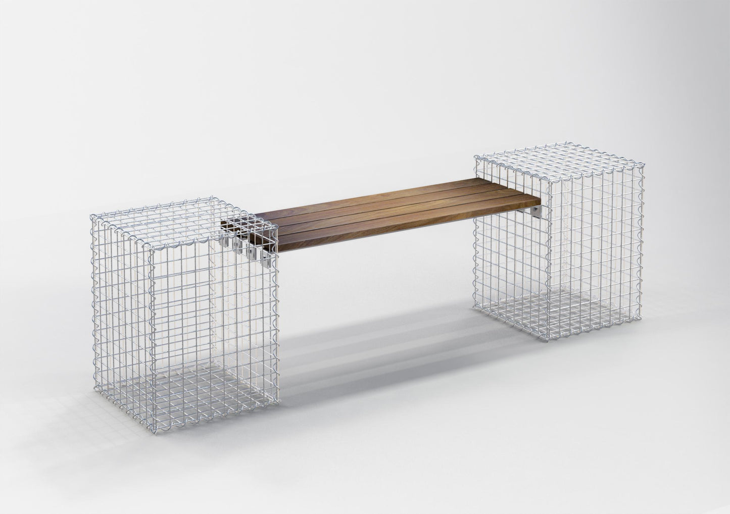 Havebænk med 2 gabioner - Cumaru-træ, 200 cm lang x 60 cm høj x 37 cm dyb, galvaniseret, MW 5 x 5 cm