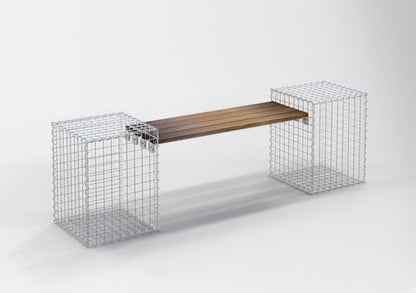 Havebænk med 2 gabioner - Cumaru-træ, 200 cm lang x 60 cm høj x 37 cm dyb, galvaniseret, MW 5 x 5 cm