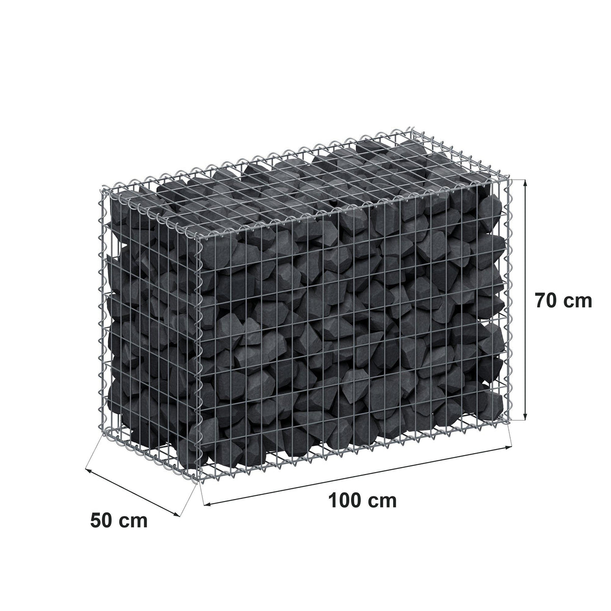 Gabião 100 cm x 70 cm x 50 cm (C x A x P), malhagem 5 cm x 10 cm, espiral