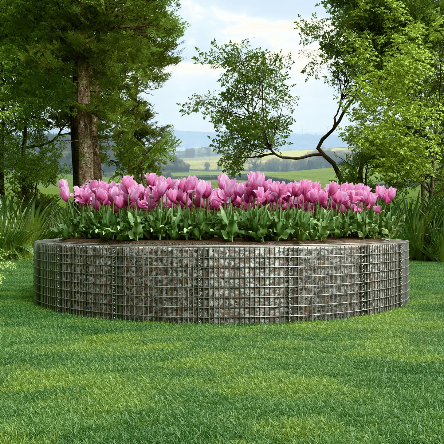 Lit surélevé rond, diamètre extérieur 502 cm, hauteur 50 cm, mailles 5 x 10 cm, épaisseur des parois 15 cm