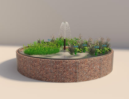 Gabião para lago elevado redondo, diâmetro exterior 472 cm, altura 80 cm, dimensão da malha 5 x 5 cm, espessura da parede 15 cm