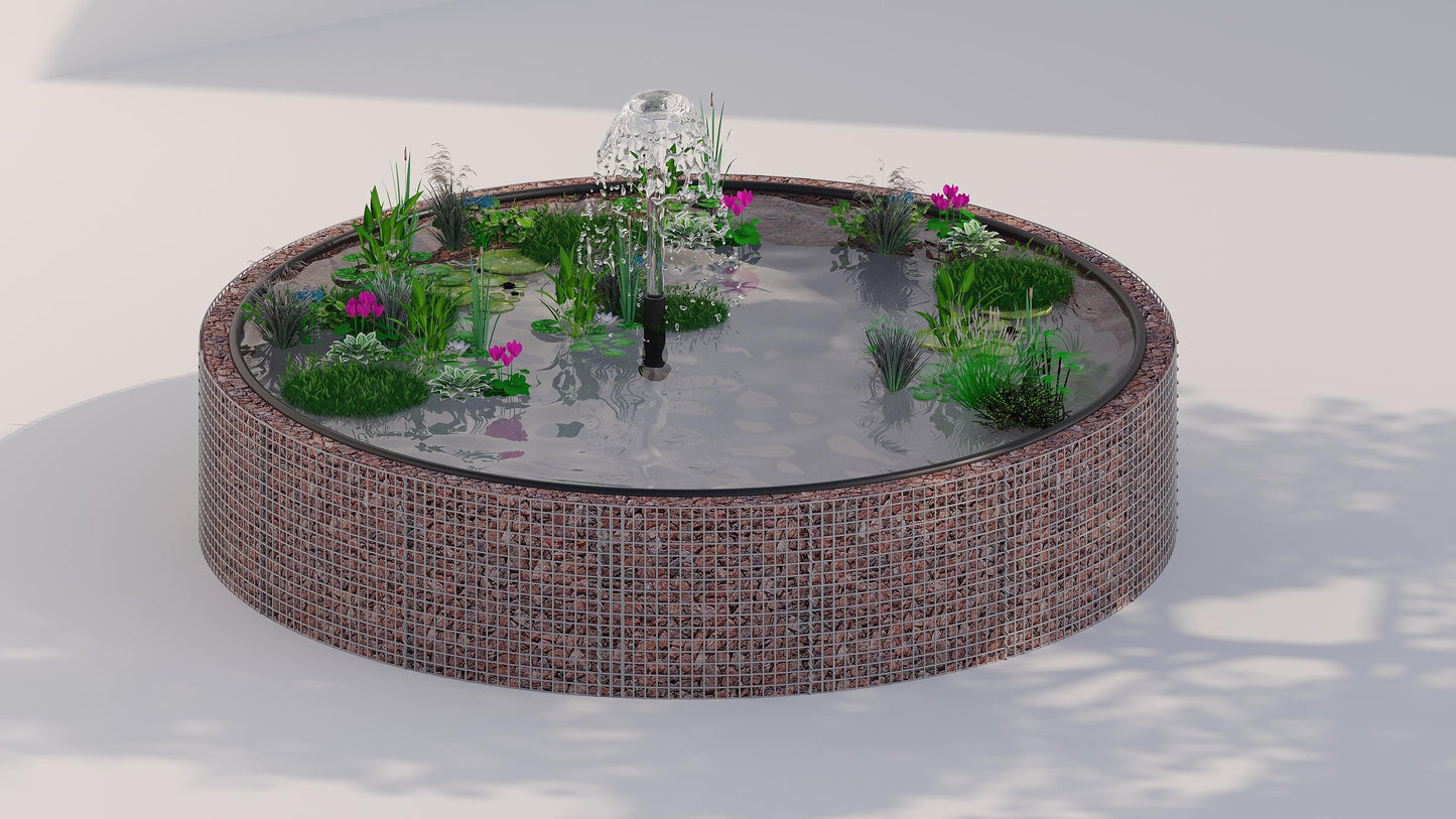 Laghetto rialzato in gabbioni, rotondo, diametro esterno 202 cm, altezza 80 cm, maglia 5 x 5 cm, spessore parete 15 cm